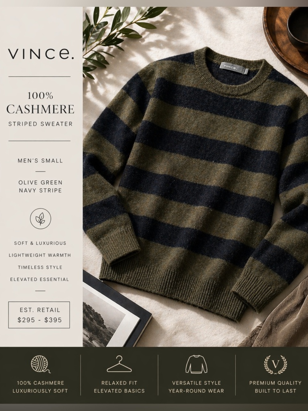 Vince 100% Cashmere Striped Sweater Men’s Small Olive Green Navy Crewneck